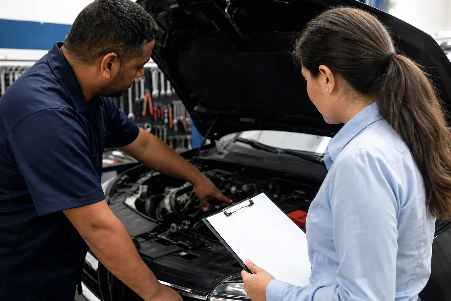 Profissional realizando cadastro de motor de veículo.